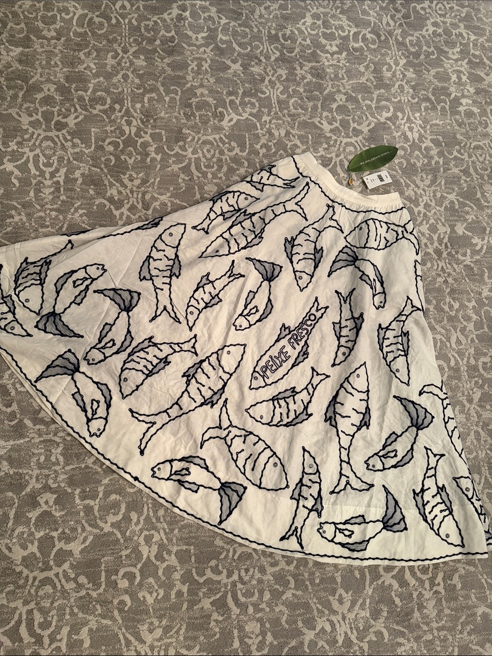 FARM Rio White Midi Skirt with Navy Fish Embroidery